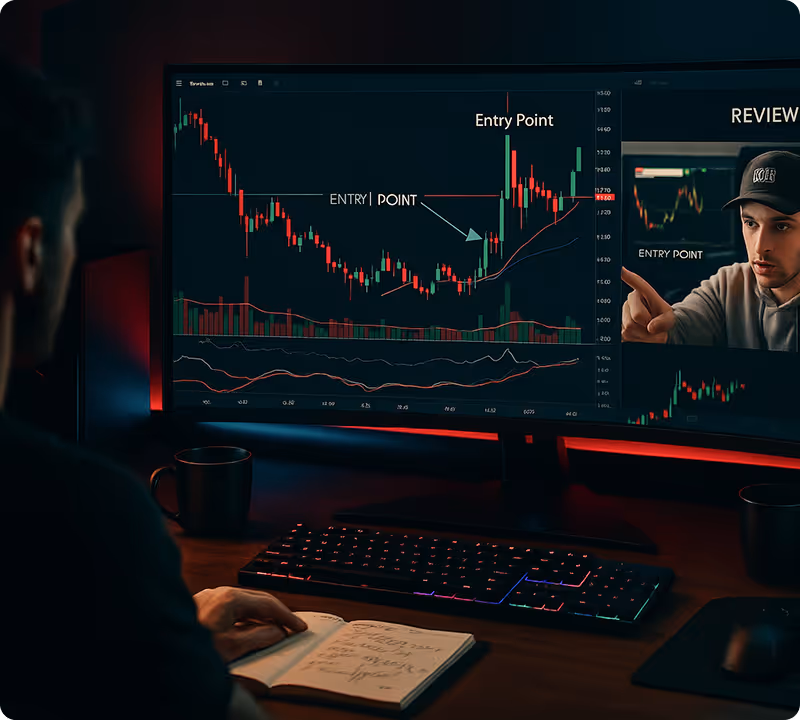 Watching Kev call a live entry on the daily stream, with a trade review panel alongside
