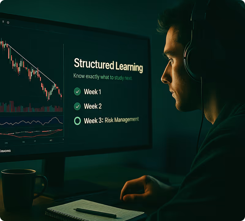 A structured week-by-week learning plan on screen, with a trading journal open on the desk